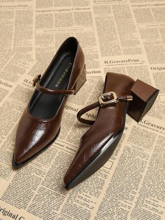 2025 Nuevos zapatos de tacón alto de punta estrecha y escote bajo para primavera, zapatos de mujer elegantes y minimalistas de moda versátil, bombas de tacón grueso color marrón café