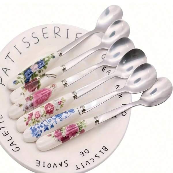 6pcs Set Stainless Steel Coffee Spoons With Floral Ceramic Handles - Elegant Mixing And Serving Utensils For Sugar, Ice Cream, Soup - Durable Kitchen And Dining Accessories Back To School