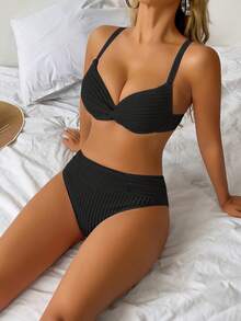 Plain Textured Hard Cup Bikini, Fashionable For Summer - Black - View 2