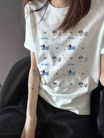 Oversized Pure Cotton Cartoon Sausage Print Tee, Aesthetic American Vintage Style Summer Short Sleeve T-Shirt Women