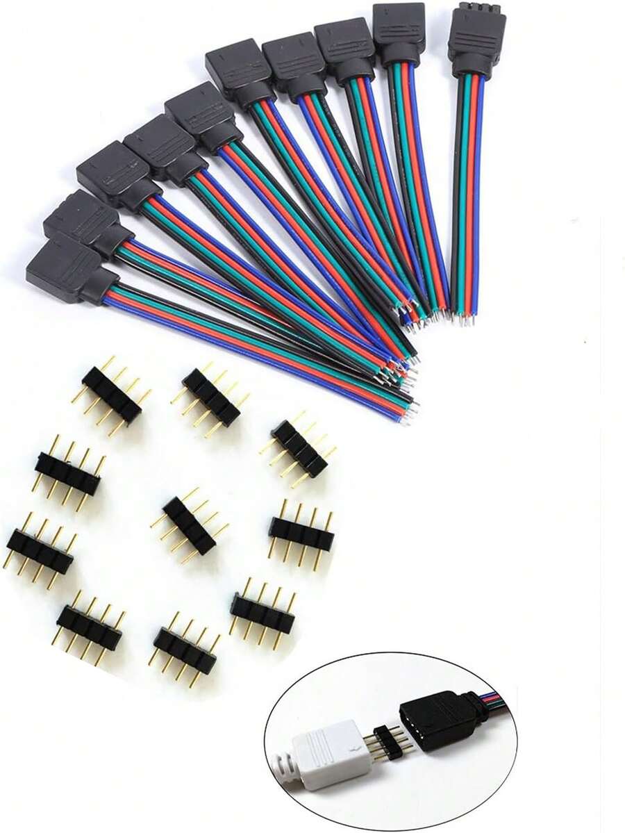 4-Pin RGB Male And Female Connector Cables (10pcs/Pack) With 10x 4-Pin Male Plugs, Compatible With 5050 3528 RGB LED Strips - 4pin Male and Female Plugs (10PCS) - View 1