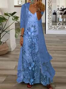 Abito stampato floreale elegante senza maniche, con cardigan lungo, set da 2 pezzi, adatto per tutte le stagioni, taglie comode