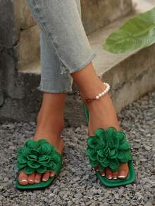 European & American Style Plus Size Women Comfy Simple Strap Large Flower Square Toe Flat Slide Sandals, Casual Fashion Outdoor Beach Summer Shoes - Green - View 4