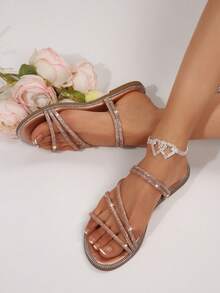 Summer New Glass Rhinestones French Dual-Wear Flat Crystal Comfortable Fashion Slide Sandals - Champagne - View 3