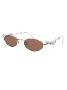 1pc Rhinestone Decor Oval Glasses, Vintage Elegant Eyewear For Women, Daily Accessories With Transparent/Tinted Lenses & Alloy Frame For Summer Beach Vacation,Outdoor,Travel Preppy Style For Back To School