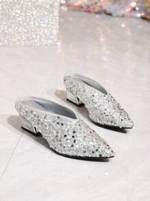 Pointed Toe Silver Sequin Material Mule Slippers, V-Cut Mid Heel Sexy Party Pumps, Versatile Vintage Grandmother Style High Heel Shoes For Women