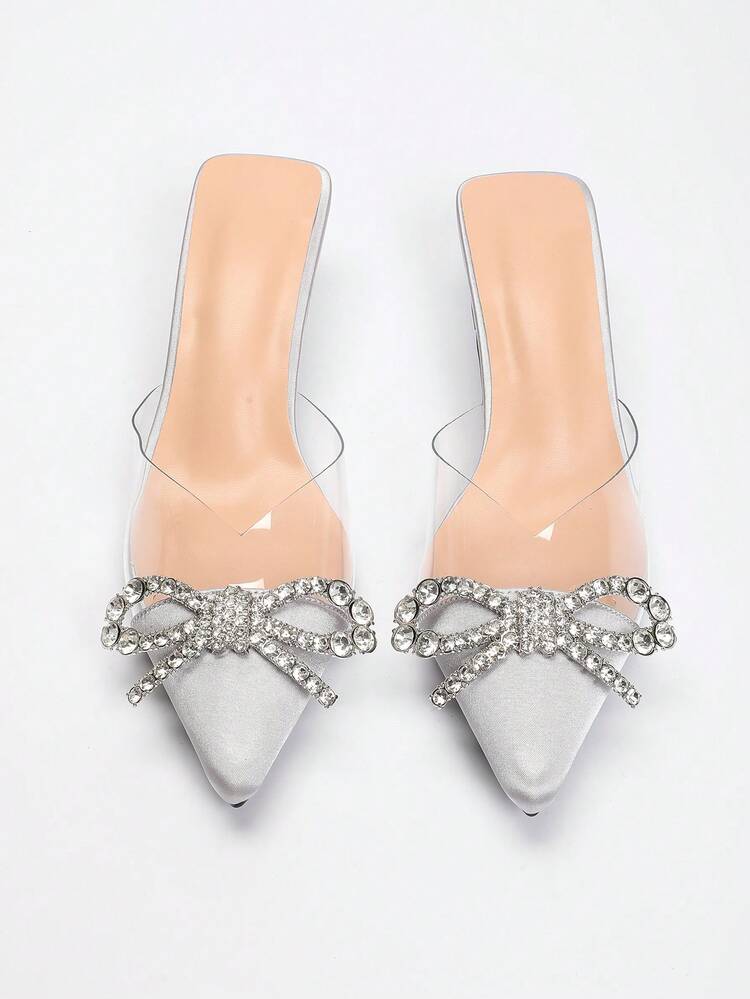 OMS Pointed Toe Stiletto Heel Sandals For Women, 2025 Spring & Summer New French Style Closed Toe Breathable Backless Bowknot Decor Slip-On Pumps, Wine Red Elastic Band, Lightweight & Comfortable For All Seasons - White - View 2