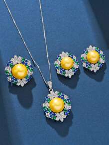 4 pièces Ensemble de bijoux en argent 925 avec perles et cubic zirconia, élégant et luxueux, comprenant un collier, une bague et des boucles d'oreilles. Convient pour le mariage (mariée/demoiselles d'honneur), l'anniversaire, les récompenses d'employés et le port quotidien