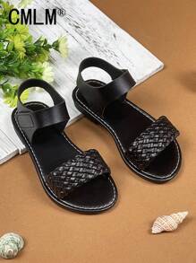 1 par de sandalias abiertas de niña pequeña con correa de PU de color negro sólido, estilo trenzado con , puntera redonda, cómodas y de moda tipo romanas, apropiadas para niñas de 3 a 12 años, para uso diario, casual, vacaciones, primavera/verano 2025