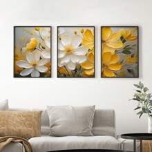 1 件/3 件带框现代黄白花卉帆布画，适合客厅，现代帆布海报，适合卧室和客厅装饰画，带框可选 - 多色 - 查看 9