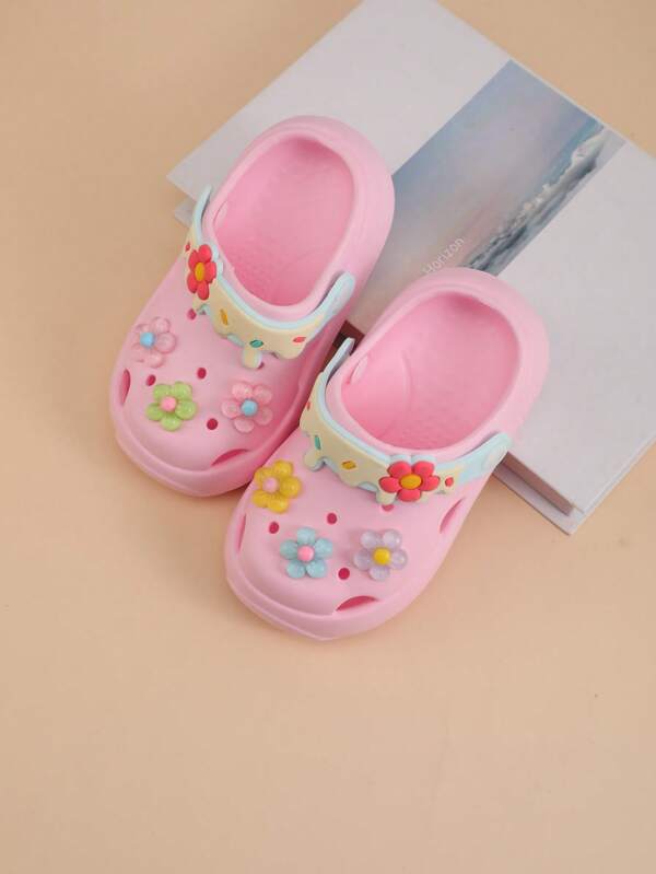 1 Pair White Round Toe Floral Decor Princess Style EVA Soft Material, Waterproof Anti-Slip Lightweight Breathable Flat Baby Sandals, Suitable For Summer Beach & Outdoor