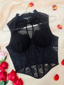 EZNV 1pc Lace Patchwork Fishbone Cute Corset Top, Waist Cincher Bustier