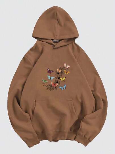 Sudadera con capucha y bolsillo canguro de mujer con estampado de mariposas