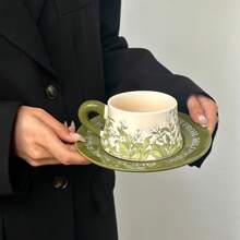 Vintage American Ceramic Cup & Saucer, Antique-Style Lily Flower Oil Painting Decor Coffee Cup Set, Afternoon Tea Mug