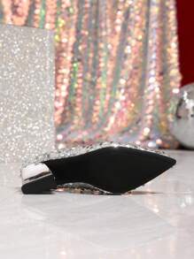 Pointed Toe Silver Sequin Material Mule Slippers, V-Cut Mid Heel Sexy Party Pumps, Versatile Vintage Grandmother Style High Heel Shoes For Women