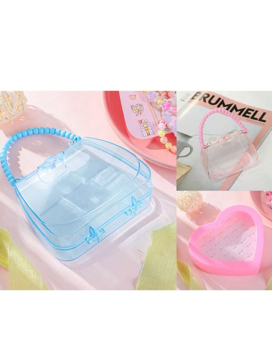 1pc/3pcs Transparent Jewelry Box, Cute Cartoon Storage Box For DIY Jewelry, Makeup, Portable Handheld Box (Color May Vary Slightly From The Actual Item)
