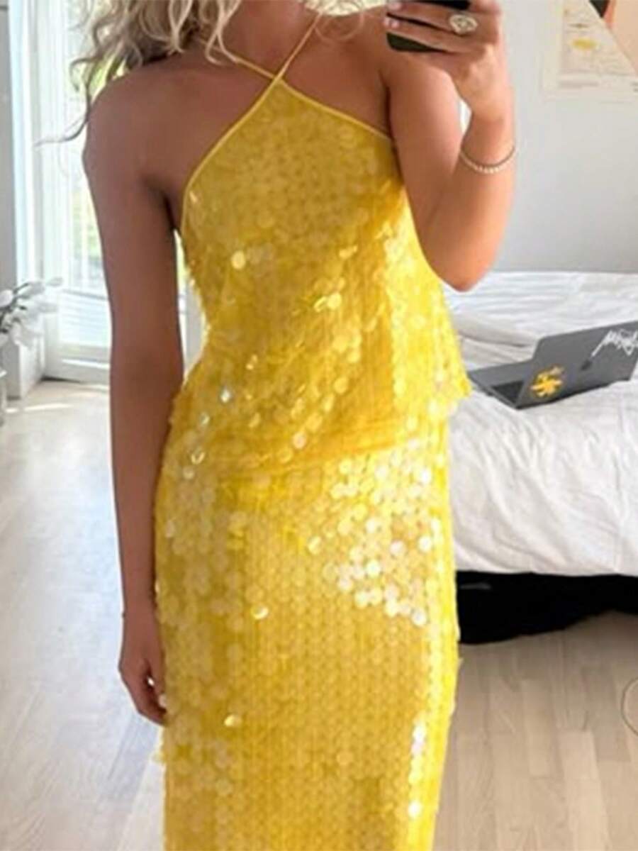 Women's Y2k Sequin Tank Tops Tie-Up Halter Neck Glitter Vests Summer Casual Sleeveless Backless Paty Tops Streetwear Clubwear - 黃色 - 查看 1