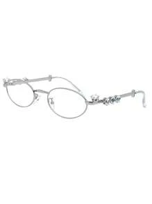 1pc Rhinestone Decor Oval Glasses, Vintage Elegant Eyewear For Women, Daily Accessories With Transparent/Tinted Lenses & Alloy Frame For Summer Beach Vacation,Outdoor,Travel Preppy Style For Back To School