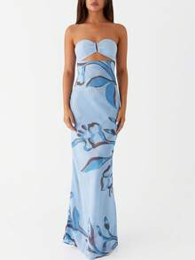 Y2k Floral Cut Out Strapless Maxi Dress For Women 2025 Summer Backless Bodycon Satin Tube Dress Off Shoulder Formal Cocktail Beach Long Sundress - Màu xanh lam - Xem 1