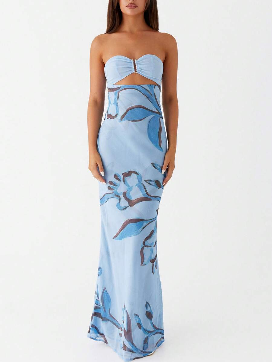 Y2k Floral Cut Out Strapless Maxi Dress For Women 2025 Summer Backless Bodycon Satin Tube Dress Off Shoulder Formal Cocktail Beach Long Sundress - Màu xanh lam - Xem 1