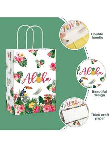 10 件/套夏威夷礼品袋，卢奥派对夏季热带棕榈叶纸袋带手柄，用于招待夏季热带 Aloha 节夏威夷卢奥节日派对用品回礼 - 彩色 - 查看 4