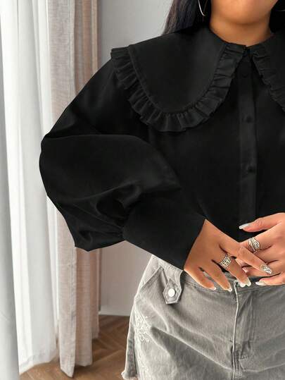 ELVA 女士加大码黑色纯色彼得潘领纽扣前襟长袖衬衫，休闲日常、返校季、情人节、新年、机场春季穿着