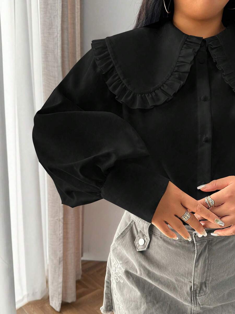 Áo sơ mi nữ cỡ lớn ELVA màu đen trơn cổ Peter Pan cài cúc phía trước, tay dài, thích hợp mặc hàng ngày, đi học, ngày Valentine, năm mới, đi sân bay, mùa xuân. - màu đen - Xem 1