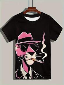 YXTEE Men's Casual T-Shirt - 3D Print Anime Cat Design, Polyester Short Sleeve, Stretchy, Machine Washable