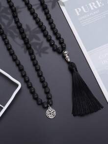 YAUKIA 8mm Tassel Long Necklace,Volcanic Stone Black Agate Beaded 108 Mala Beaded Necklace,Meditation,Yoga,Prayer, Bohemia Jewelry For Women Men - Black - View 7