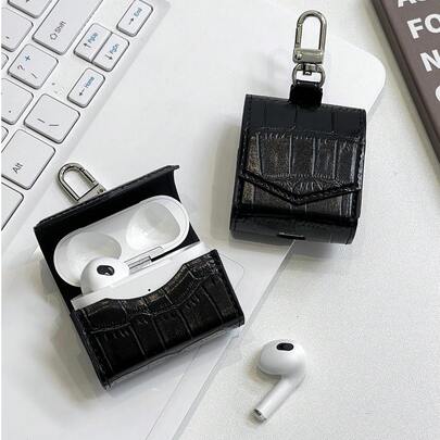 Bao bảo vệ tai nghe bằng da màu đen sần họa tiết da cá sấu, có móc treo, tương thích với Apple 1/2, Pro 2/3, 4.