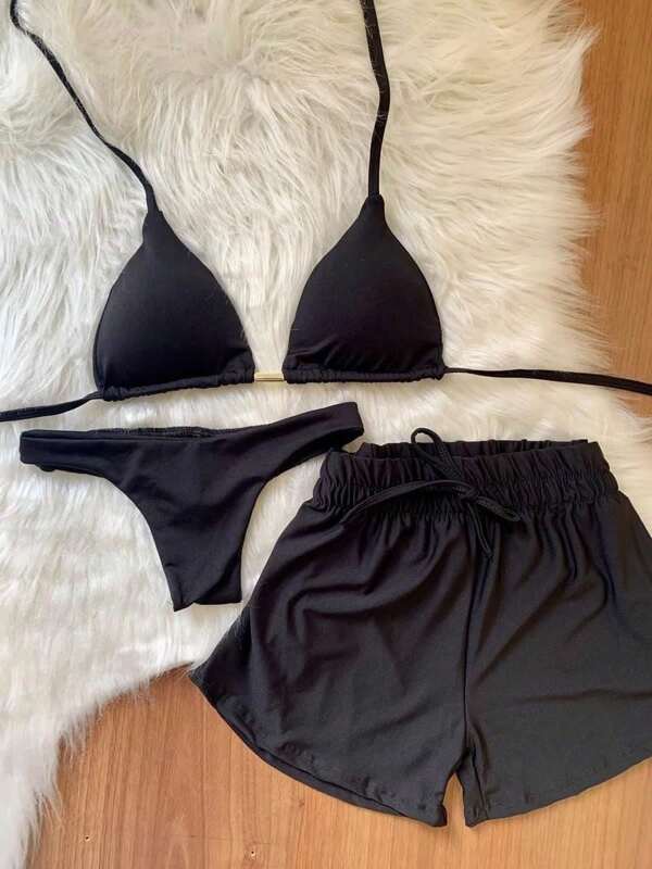 Conjunto 3 Peças Sutiã, Calcinha e Short, Florido, Conjunto Feminino, Roupa De Banho, Estampas De Onça, Olho Grego, Florido