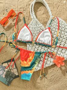 2pcs/Set Women Sunset Gradient Floral Print Adjustable Strap Bikini Top And Sexy Low Waist Thong Bottoms, Summer Beach Vacation Swimsuit