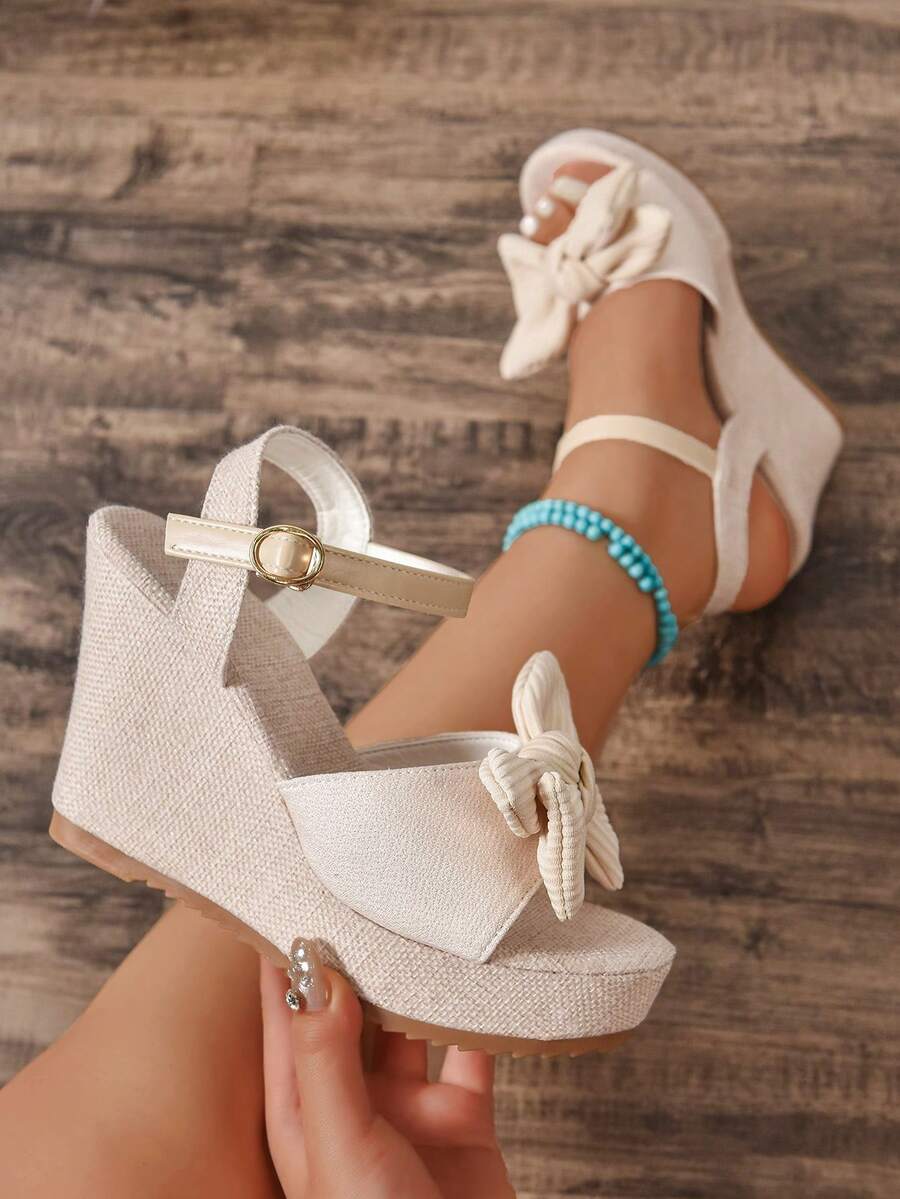 Women's Bow Decor Rope Bottom Sandals, Summer Vacation Style, Pink Platform Sandals - Beige - View 1
