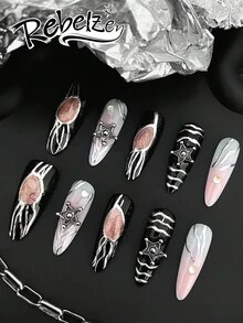 10 Pieces Of Hand Pressed Almond Nails, Nail Art, Beautiful Fake Nails, DIY, Halloween Nails, The Black Background Is Paired With Rose Gold And Silver Accessories, Fully Showcasing Individuality And A Sense Of Fashion,Reusable Nail Art Supplies For Girls And Ladies In Weddings, Parties, Holiday Scenes, Gift A Nail Kit - Multicolor - View 2