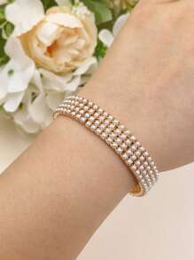1 set/Múltiple Pulsera de tenis con banda elástica y perlas falsas, color dorado 3MM