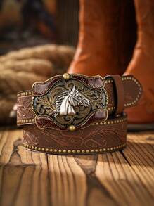 1 pieza Cinturón de estilo vaquero occidental bohemio unisex con hebilla con diseño de animal, marrón oscuro vintage, informal para todas las estaciones