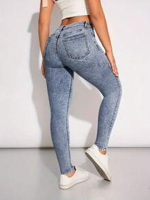 Vaqueros Azules Lavados de Ajuste Ceñido y Elásticos, Estilo Elegante con Cierre de Cremallera y Botón, Pantalones de Mezclilla para Mujer - Gris Claro - Ver 4