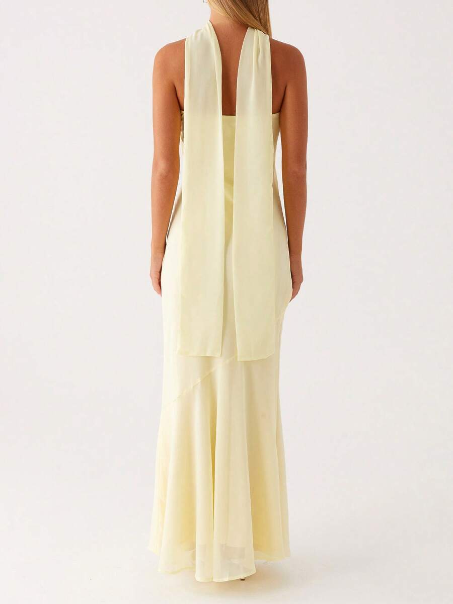 Womens Floral Strapless Dress With Scarf Y2k Backless Sleeveless Tube Maxi Long Dresses Sexy Mesh Bodycon Summer Beachwear - Solid Yellow - 查看 1