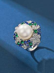 4 pièces Ensemble de bijoux en argent 925 avec perles et cubic zirconia, élégant et luxueux, comprenant un collier, une bague et des boucles d'oreilles. Convient pour le mariage (mariée/demoiselles d'honneur), l'anniversaire, les récompenses d'employés et le port quotidien