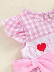 Baby Girl Mother Day Romper Plaid Print Letter Embroidery Flying Sleeve Round Neck Jumpsuit Bubble Bodysuit - 粉色 - 查看 5