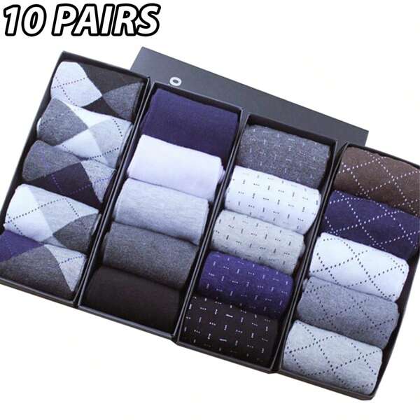 10 Pairs Men's Polyester Casual And Business Mid-Calf Socks With Geometric Pattern, Knit Fabric, Random Color (No Gift Box)