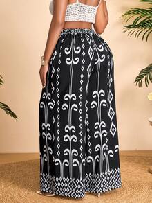 BIUBIU Women's Summer Plus Size Fashion Tropical Pattern Loose Pocket Wide-Leg Trousers For Vacation Leisure (Random Print) - Black and White Flower - View 2