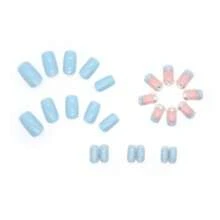 Juego de 24 uñas postizas personalizadas, de longitud media, de color azul con diamante de imitacións, de estilo elegante y fresco, adecuadas para uso diario para mujeres, con patrón de mármol y brillo de diamante de imitacións, superficie brillante