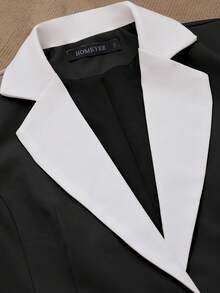 HOMEYEE Kontrastowy blok kolorów, stójka, długi rękaw, swobodna marynarka, elegancki styl retro, odpowiednia do biura, pracy lub na wakacje, wiosna/jesień/zima - Czarne - Zobacz 3