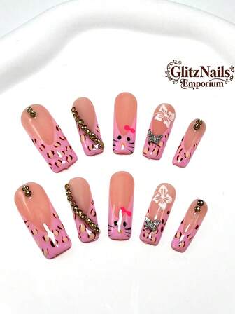 纯手工美甲10片3.3平方假指甲可穿戴纯手工法试拼渐变手绘水钻贴纸魔镜粉小碎花糖粉纯手工3D立体雕花花朵造型按压指甲美甲用品美甲