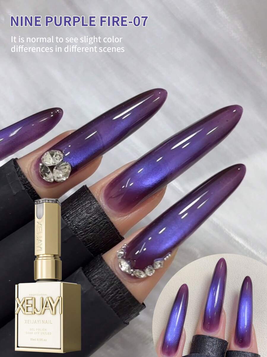 XEIJAYI 1PC 15Ml Purple Cat Eye Gel Nail Polish, UV LED Curing, Long-Acting Fast Drying Nail Art Gel - Ideal Gift For Women For Spring - 紫色 - 查看 1