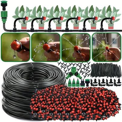 Garden Drip Irrigation Kit,Greenhouse Micro Automatic Drip Irrigation System Kit With 1/4 Inch Blank Distribution Tubing Hose Adjustable Patio Misting Nozzle Emitters Sprinkler