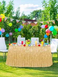 3pcs/1pc-Straw Yellow Luau Grass Table Skirt,Hawaiian Party Table Skirt,Natural Hawaiian Luau Straw Table Skirta, Natural With Hibiscus Flowers Hawaiian Luau Tropical Party Decor ,Hawaiian Table Skirt For Tropical Hawaiian Luau Costume Party Decorations, Mother's Day Graduation. - Straw - View 7