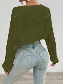 1 Peça Casaco Curto Feminino de Tricô Canelado de Cor Sólida, Estilo Minimalista, Suéter Casual de Verão