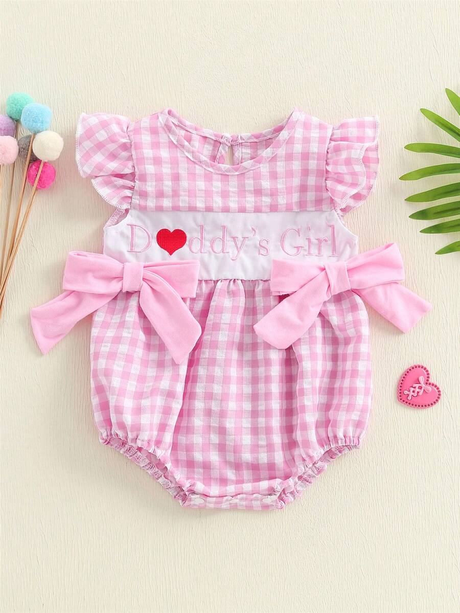 Baby Girl Mother Day Romper Plaid Print Letter Embroidery Flying Sleeve Round Neck Jumpsuit Bubble Bodysuit - 粉色 - 查看 1